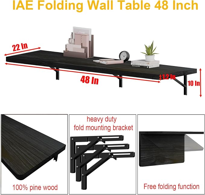 IAE Floating Wall Mounted Folding Table Desk with Pine Wood,48" x 22" Folding Workbench,Fold Down wall Mounted Foldable Desk with Shelf Brackets,Laundry Table for Home,Dining,Office,Kitchen,Black