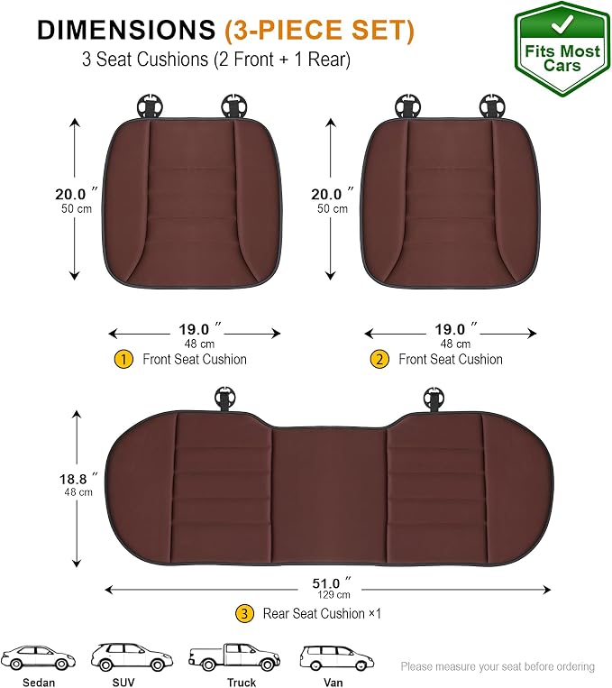 kingphenix 3-Piece Memory Foam Car Seat Cushion Set for Driving Comfort | 2 Front Seat Cushions and 1 Rear Bench Pad, 1.2-Inch Memory Foam, Non-Slip Bottom for Sedan, SUV, Truck and Van, Brown