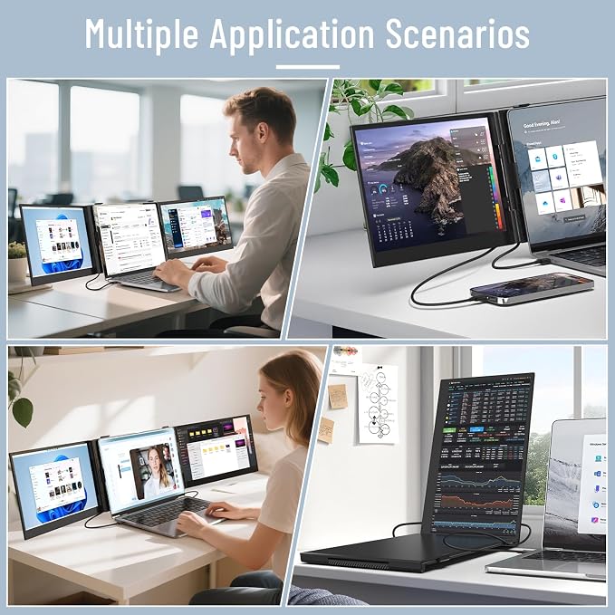 Triple Laptop Screen Extender, 14.1'' FHD 1080P Ultra-Slim Portable Monitor for Laptops, Two Cable USB-C Travel Monitor Extender Plug & Play for 13"-17" Laptop, Compatible with Wins/Mac/Android/Chrome