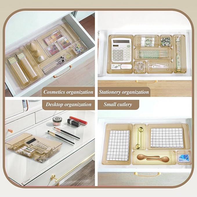 Kitchen Desk Drawer Organizers Storage for Office, Small Acrylic Vanity Trays Makeup Organizer for Drawer Bathroom Plastic Make up Organizers 25 Pcs Clear Champagne