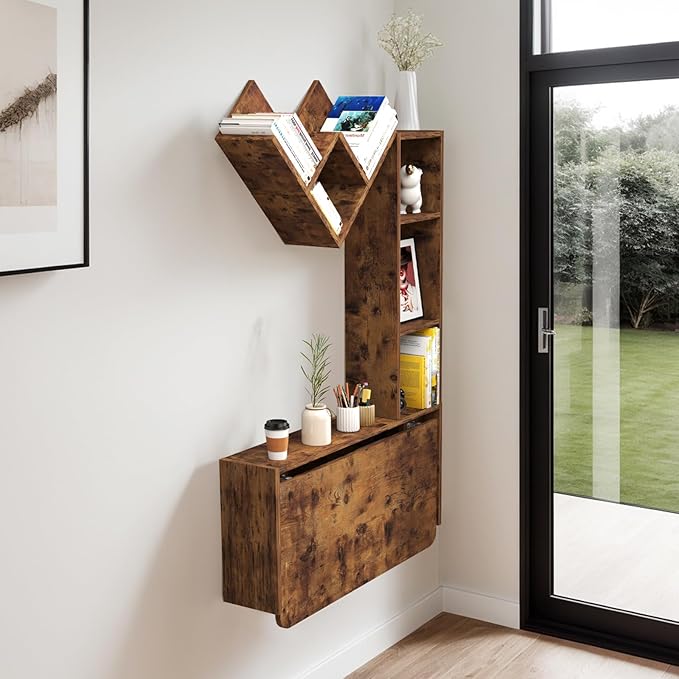 Folding Wall Mounted Drop Leaf Table, Foldable Desk with Moveable Cabinets, Floating Laptop with Convertible Storage Shelves, Multifunctional Computer Workstation in Home for Space Saving