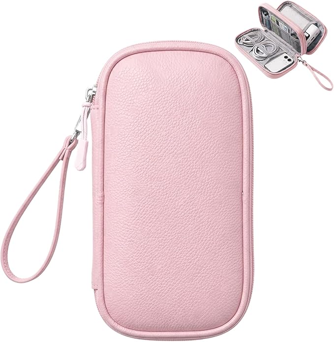 Leather Electronic Organizer Bag, Waterproof Travel Tech Pouch for Cord, Cable, Charger, Phone & Accessories (Pink)