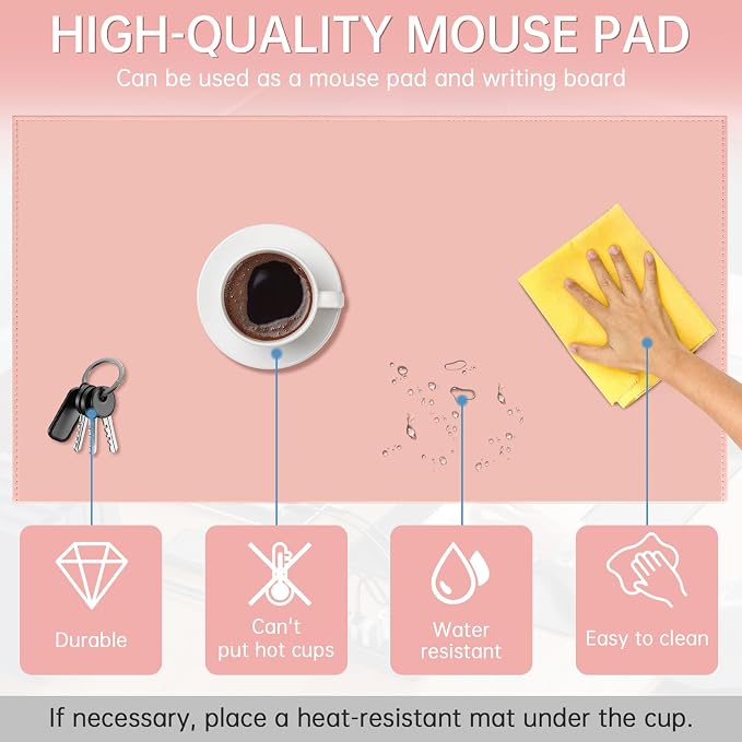 AKOZLIN 35.4"x 18.9" Soft PU Leather Surface Office Desk Mouse Mat Anti-Push Pad with Full Grip Fixation Lip Table Blotter Edge-Locked Protector Pink
