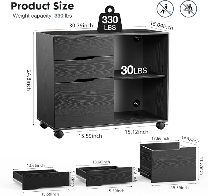 DUMOS File Cabinet with 3 Drawers, Wood Under Desk Storage Printer Stand | Rolling Lateral Filing Cabinet with Adjustable Shelves for Home Office Study Organization,Black