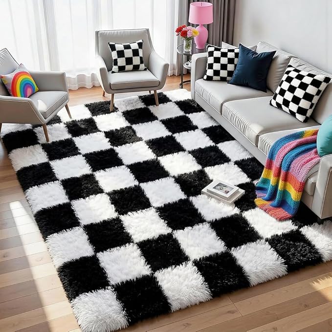 KICMOR Black and White 3x5 Rugs for Bedroom Bedside, Fluffy Soft Checkered Shag Area Rug Fuzzy Shaggy Small Living Room Carpet, Plush Throw Rug for Kids Boys Girls Dorm Nursery Home Decor Aesthetic