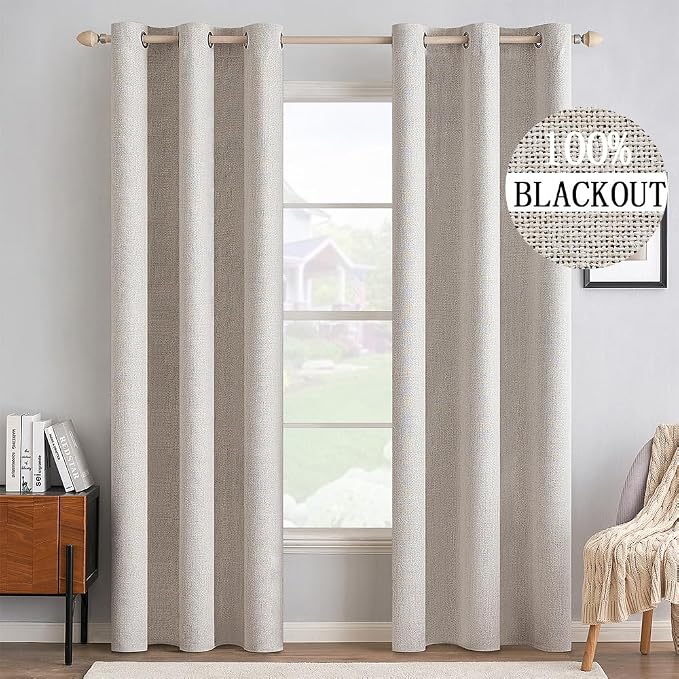 MIULEE 100% Blackout Linen Textured Curtains for Bedroom Solid Thermal Insulated Ivory Grommet Room Darkening Curtains & Drapes Luxury Decor for Living Room 42 x 90 Inch (2 Panels)