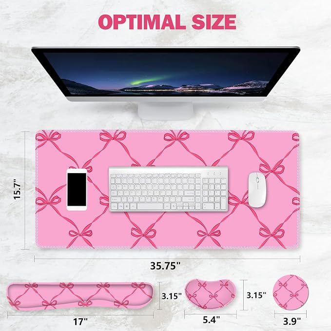 ToLuLu Large Mouse Pad Desk Pad Set, Wrist Rest Support Desk Mat for Keyboard Mouse, 4PCS 35.4”x15.7 XXL Giant Mouse Pad, Non-Slip Base Stitched Edges Mousepad Office Desk Decor, Hot Pink Bow