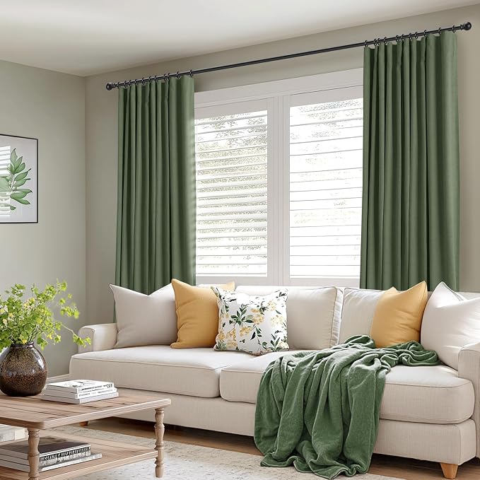 INOVADAY 100% Blackout Curtains for Bedroom, Moss Green Black Out Curtains 80 Inch Long, Clip Rings Linen Blackout Drapes, Thermal Insulated Room Darkening for Living Room, 2 Panels - W50xL80