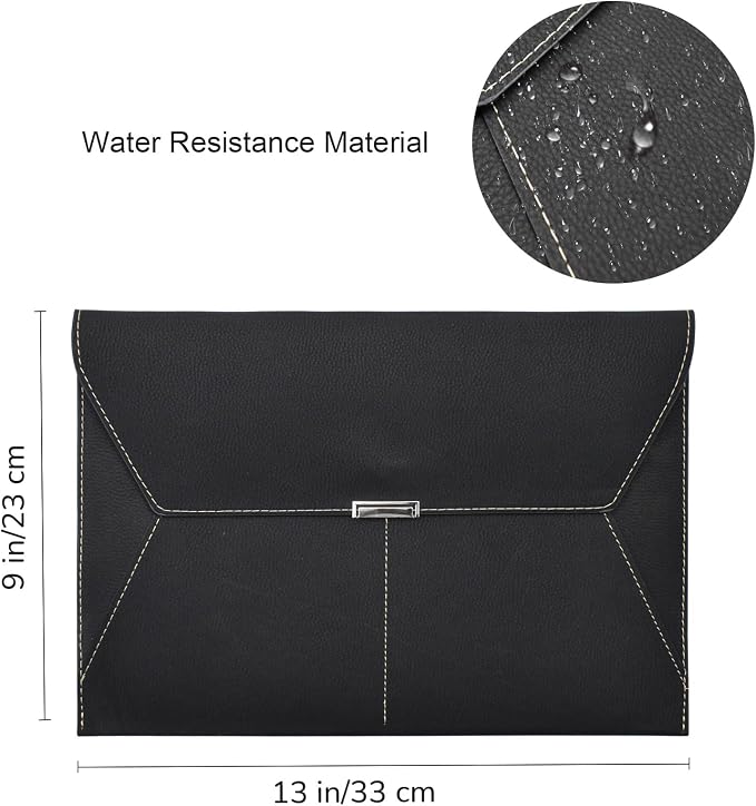 VANRA File Folder Document Holder Organizer Waterproof Portfolio Leather Folder Case with 3 Pockets, Filing Envelopes for A4 Letter Size Paper with Snap Magnetic Button Closure (Black)