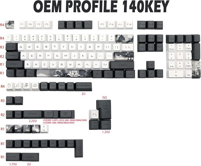 JSJT Ink Lotus Keycaps 140 Keys OEM Profile Keycap PBT Dye Sublimation Key Caps for ANSI/ISO Layout Cherry MX Switch Mechanical Gaming Keyboards GK61/68/87/96/104/108 (with 6.25u spacebar)