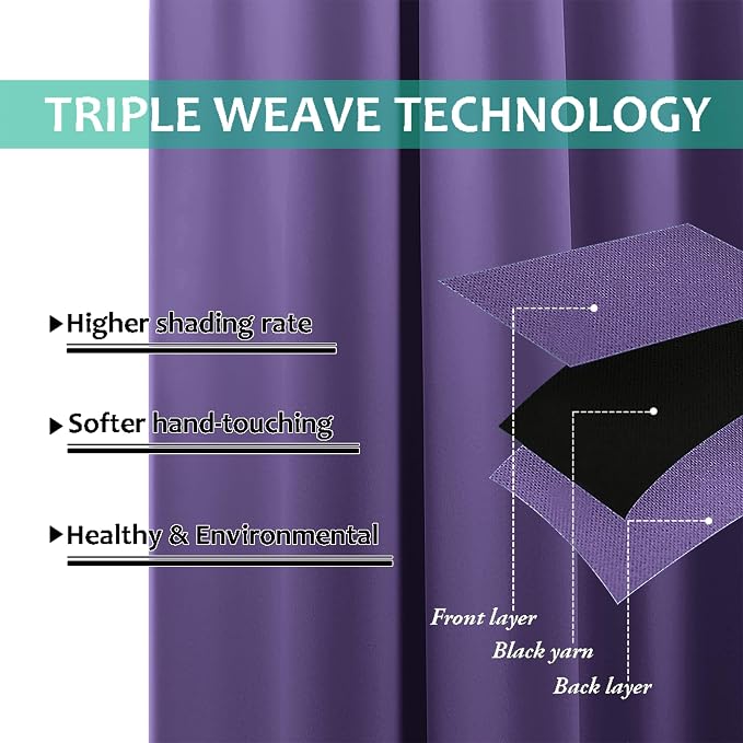 NICETOWN 100% Blackout Curtains with Black Liners, Solid Thermal Insulated Full Blackout 2-Layer Lined Drapes, Energy Efficiency Window Draperies for Bedroom (2 Panels, 46" W by 54" L, Lilac Purple)