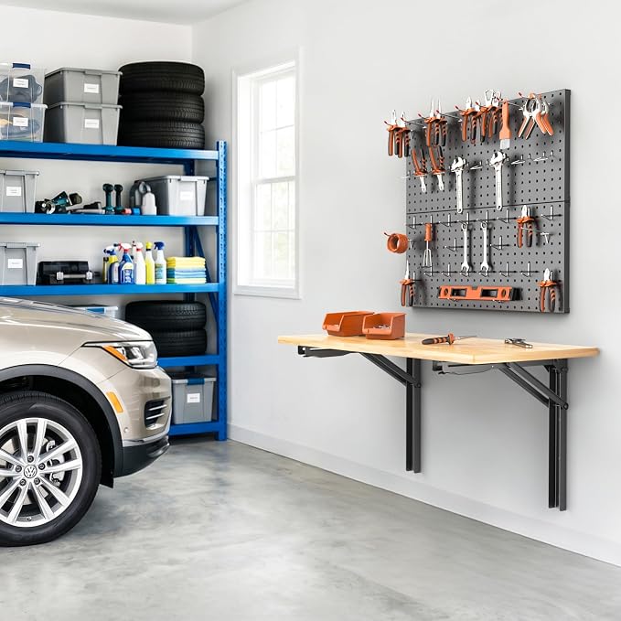 TORACK Wall Folding Workbench with Pegboard Kit, Space-Saving Collapsible Wall Table/Desk for Garage Workshop, Holds Up to 550 lbs(Board Size: 47.25 x 22.75 in)