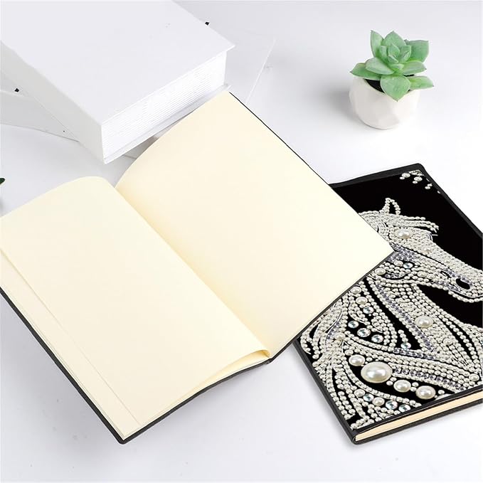 FRANDEK Pearl Painting Notebook Kit, Black and White Horse A5 DIY Journal with 50 Blank Pages, Diamond Gem Art Cover with Waterproof Canvas, Beginner Craft Set with Full Tools for Adults