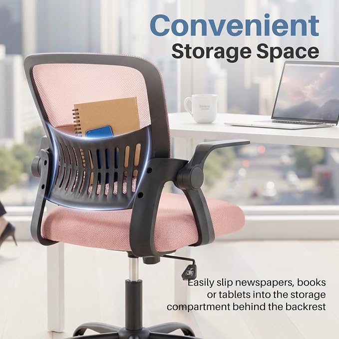DUMOS Home Office Desk Chair - Ergonomic Computer Mesh Chair with Lumbar Support & Rocking Mode, Height Adjustable with Flip-up Armrest, for Conference, Meeting Room, 360° Swivel, Adults, Pink