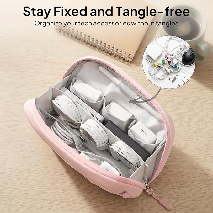 TOPEAST Quilted Cable Organizer Bag, Soft Tech Pouch & Travel Electronics Case with Elastic Pen Loop, Tangle-Free Cord Organizer for Women, Office Desk, AirPods, Chargers & Accessories, Pink