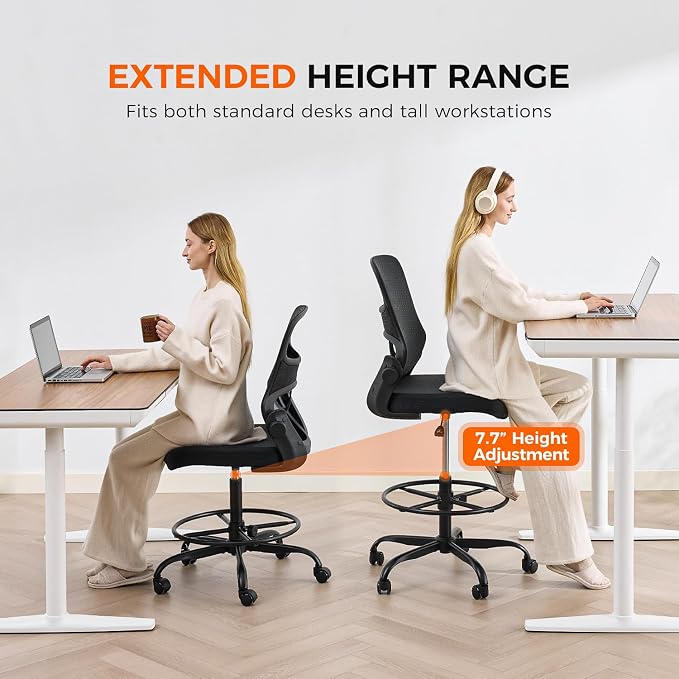 Armless Drafting Chair, Tall Office Chair for Standing Desks | A foot ring steadies legs through crafting and studio projects; breathable lumbar mesh and silent casters fit compact spaces.