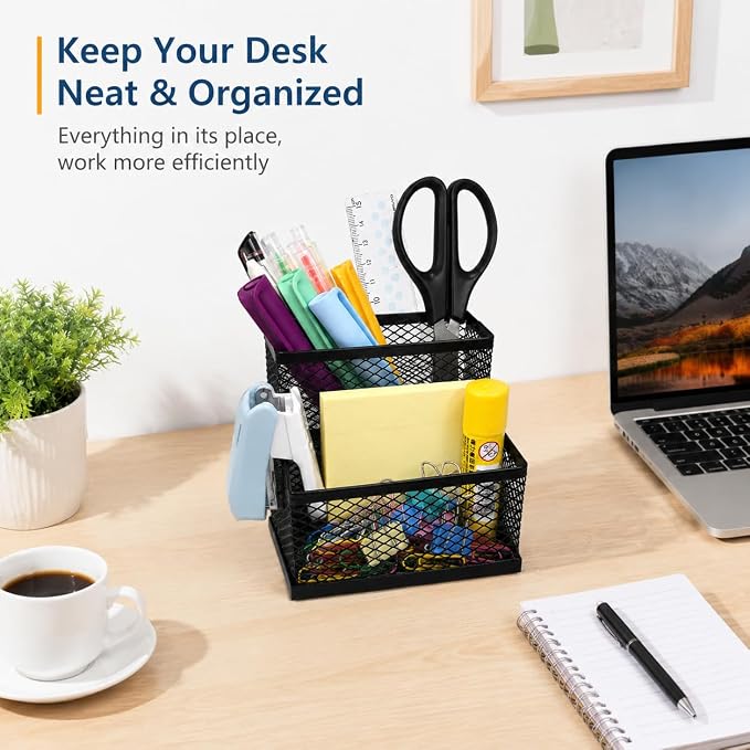 SHFKS Pen Holder for Desk Organizer,2Compartments Office Supply Organizer for School Home Office（Black）