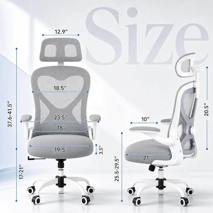 Ergonomic Office Chair for Long Hours – Back & Neck Pain Relief, Virgin Foam Seat, 3D Adjustable Headrest, 2D Lumbar, Flip-Up Arms, Gray/Sliver