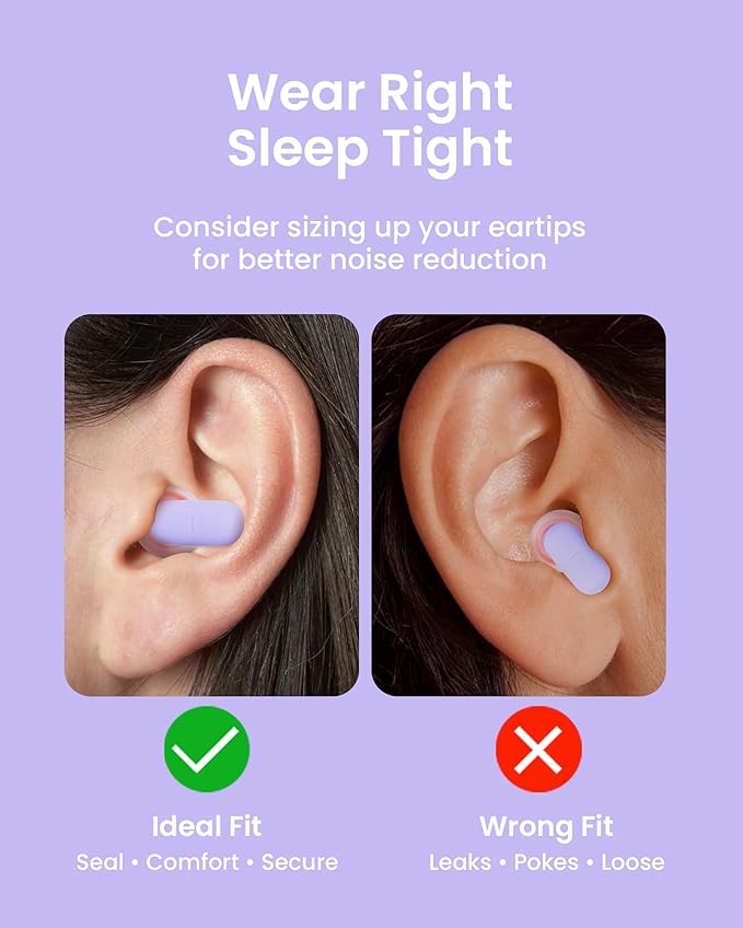 Dream Ear Plugs for Sleeping, 23dB Noise Reduction Silicone Ear Plugs with Patented Qufits Eartips and Carry Case, Reusable Earplugs for Sleep, Work, Deep Focus and Travel - Violet