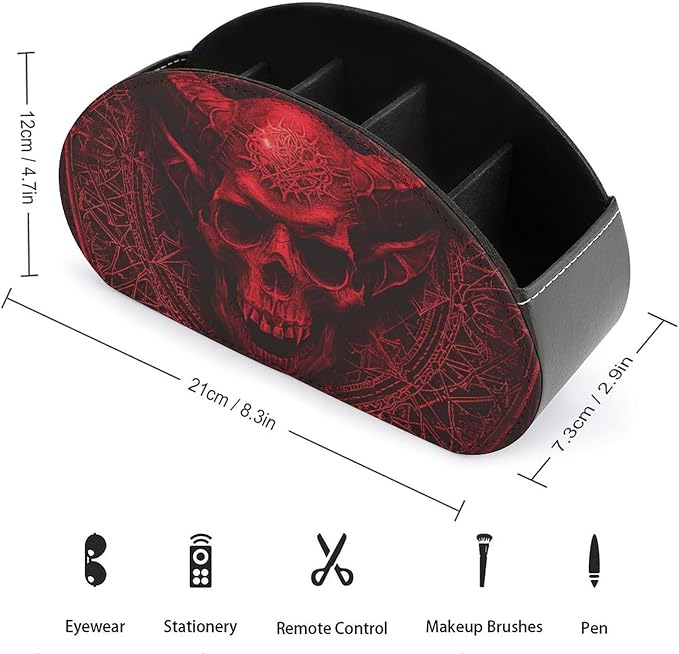 Demon Skull And Horns Remote Organizer Caddy for Table Remote Control Holder Leather TV Remotes Holder with 5 Compartments Remotes Caddy Media Storage Box for Desktop Organization