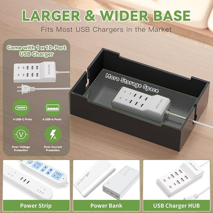 Pezin & Hulin Bamboo Charging Station for Multiple Devices -Black | USB Charger Dock Organizer, with Power Supply (10 Ports HUB), 6 Cables, Cable Management Organizer for Cell Phones, Tablet