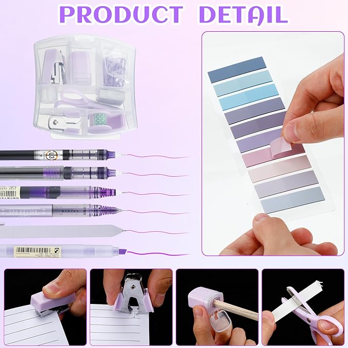 Colarr Mini Office Supply Kit Include Stapler Tape Dispenser Staple Remover Paper Clip Scissor Staple Pen Sharpener Note Small Telescopic Knife for Office Back to School Supplies Student Clerk(Purple)