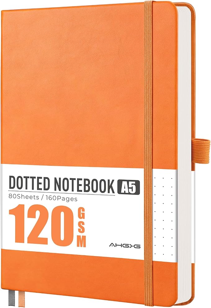 AHGXG Dotted Journal Notebook, 160 Numbered Pages, A5 Medium Size (5.7'' x 8.3''), 120 GSM Thick Paper, Leather Hardcover, for Journaling, Planning, Tracking (Orange)