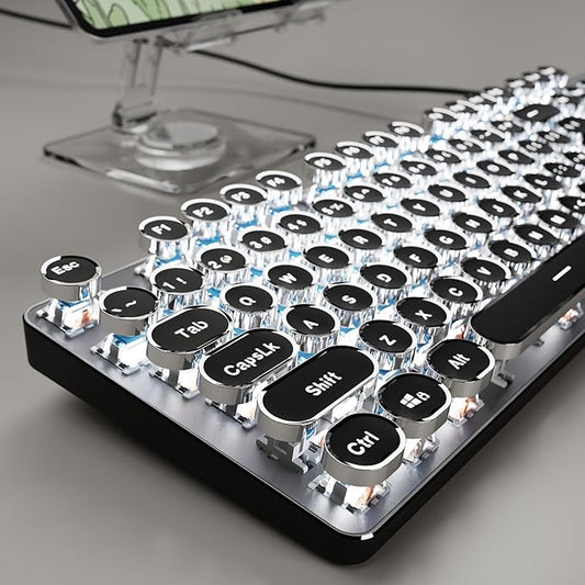 EWEADN TK100 Typewriter Keyboard Wired Mechanical Keyboard, 104 Keys Aesthetic Typewriter Keyboards with White Backlit, Anti-Ghosting, Blue Switch Wired Cute Keyboards-Black