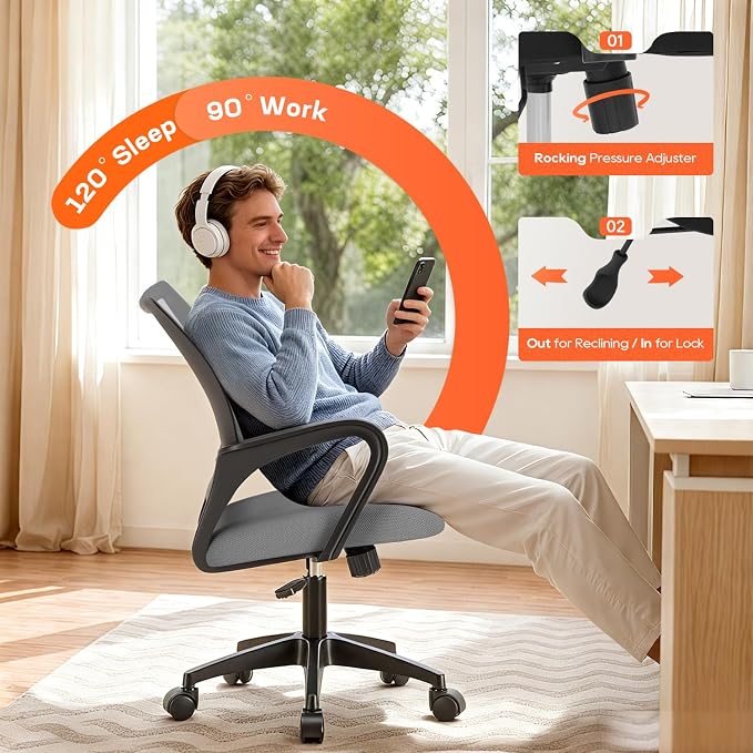 BestOffice | Ergonomic Office Chair | Mid-Back Swivel Desk Chair | Breathable Backrest & Lumbar Support | Adjustable Height | Sponge Seat | Rolling Wheels | Grey | for Adults & Women