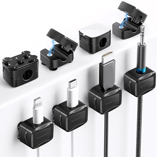 6-Piece Magnetic Cable Clips Set with 6 Silicone Suction Cups for Cable Management | Magnetic Cord Holder and Organizer Keeper for Home Office, Desk, Phone, Car, Wall, and Nightstand