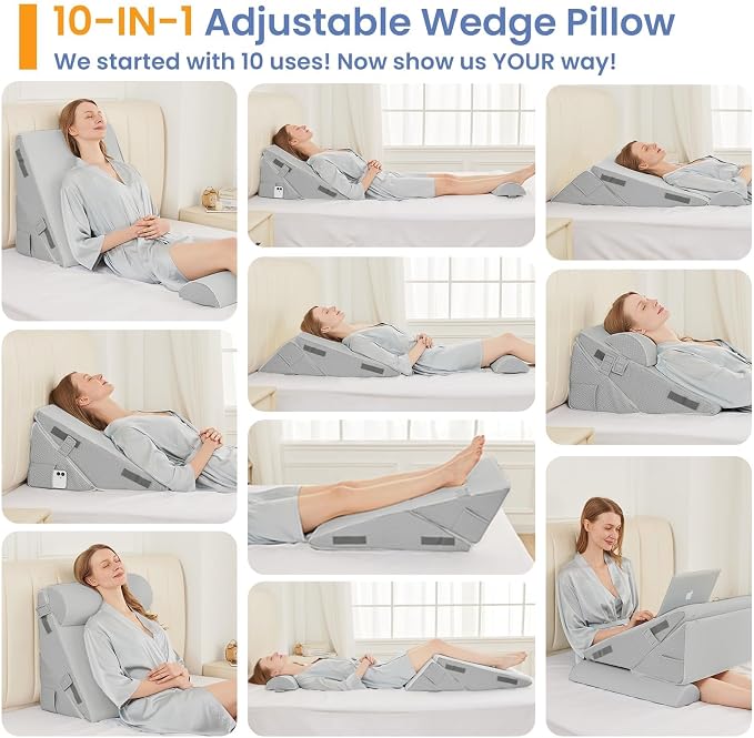 Sasttie Adjustable Wedge Pillow Set for After Surgery, Light Grey | Bed Wedge Pillow Headboard with Memory Foam Neck Cushion, for Acid Reflux, Sleeping, Neck & Back Support