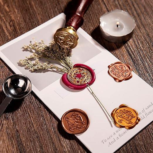Wax Seal Stamp Gift Box Set, 6 Pcs Blessing Series Seals Copper, Wooden Hilt, Kit for Cards Envelopes, Gift Packaging