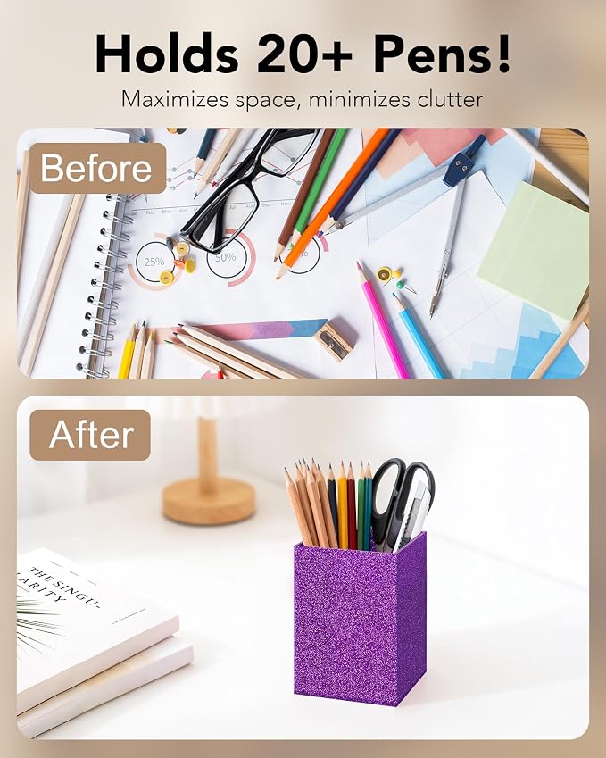 Acrylic Pen Holder Desk Organizer for Office, Purple Glitter | Sparkling glitter acrylic makeup brush and pencil holder for desk, Modern desktop organizer for home, school and office
