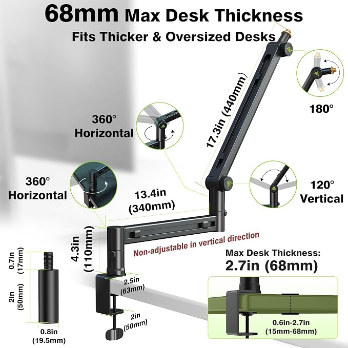AA AUDIO ACCESSORY Mic Arm Desk Mount (Design for Heavy Mic) 6.6lbs Load Capacity, Stable Gear Lock Never Sags, Metal Low Profile Microphone Boom Stand for Shure SM7B SM7dB MV7, Blue Yeti, Rode PodMic
