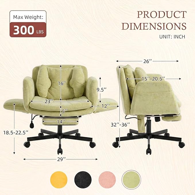 Criss Cross Office Chair with Footrest and 5-Gear Adjustable Arms, Green | Wide seat cross-legged desk chair, flip lumbar pillow, airbag support, linen fabric, for home office, vanity and meditation