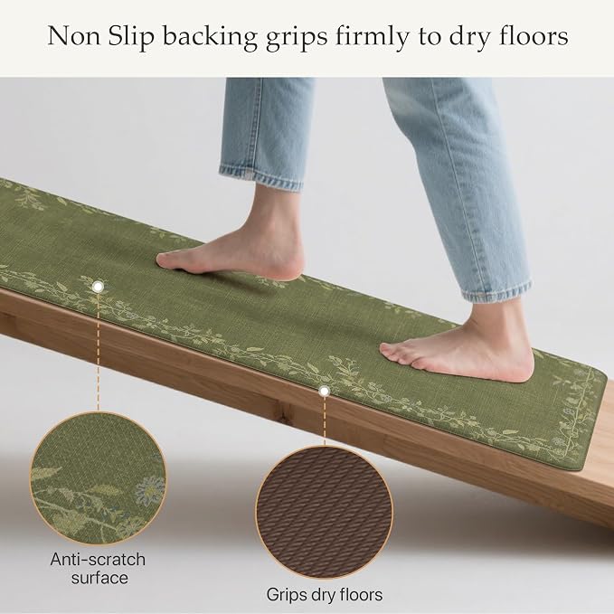 GENIMO Anti Fatigue Kitchen Mats for Floor 2PCS, Cushioned Standing Mats | 17.3"x59"&17.3"x30", Soft Green vintage floral rug set, waterproof, non slip, easy-clean for farmhouse