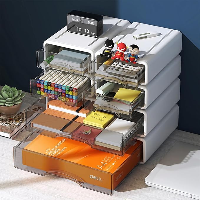 Desk Organizer with Drawers, Stackable Storage Drawers with Compartments Desktop Organization for Office Supplies, Makeup, Pencils, Tape, Erasers, Paperclips, Chargers (White 2S2M)