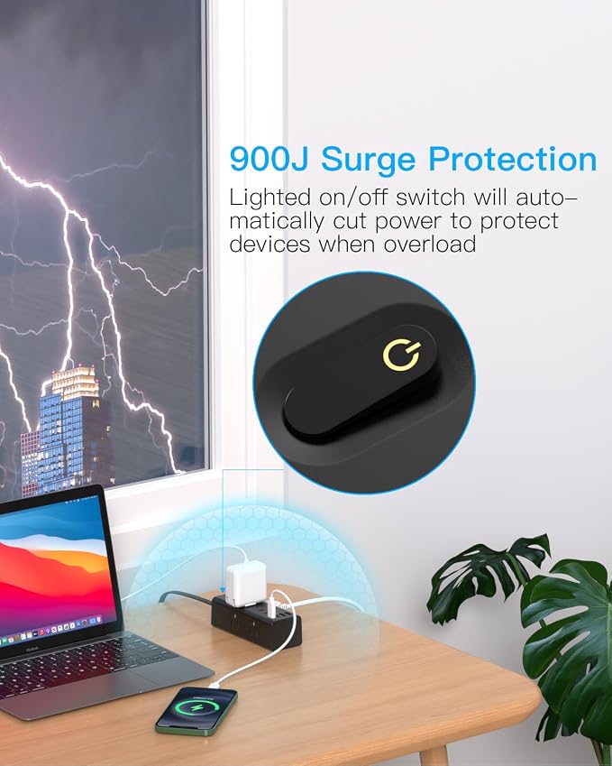 3Ft Extension Cord with Multiple Outlets, Flat Plug Power Strip Surge Protector with 3 Ft Cord, 6 Outlet 4 USB Ports (2 USB C), Multi Outlet Wall Plug for Travel, College, Dorm Room Essentials(Black)