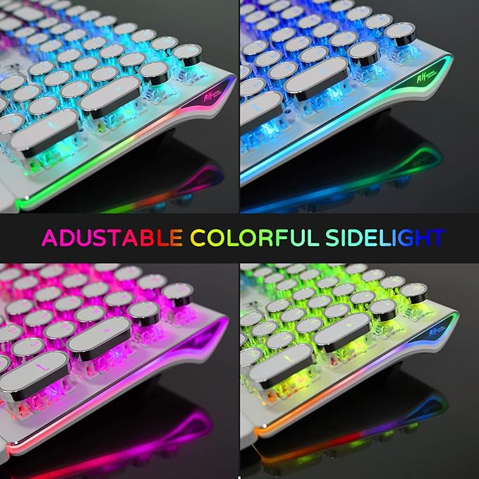 RK ROYAL KLUDGE S108 Typewriter Style Mechanical Gaming Keyboard with RGB Backlit, Wired PC Game Keyboard Full Size with Detachable Wrist Rest and Number Pad, Retro Round Keycaps, Red Switches White