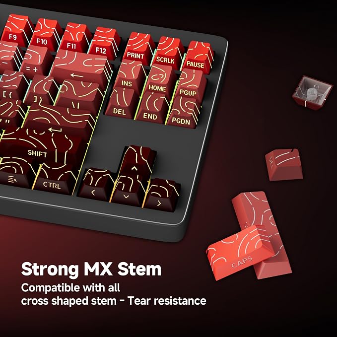 133 Aesthetic Topographic PBT Keycaps, No Tearing, Never Fade & Non-Slip, Modern RGB Backlit Red-to-Black Gradient Keycaps for Mechanical Keyboard - Ergonomic (Doubleshot, Fit for All MX Layout)
