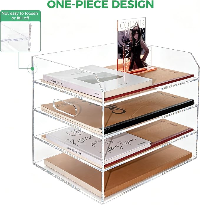 Paper Tray Organizer for Desk, 4 Tier Acrylic Desk Organizers and Accessories, One-Piece Integrated A4 Paper Organizer with Handles, Crystal-Clear Letter Tray & Office File Holder, Books Notes
