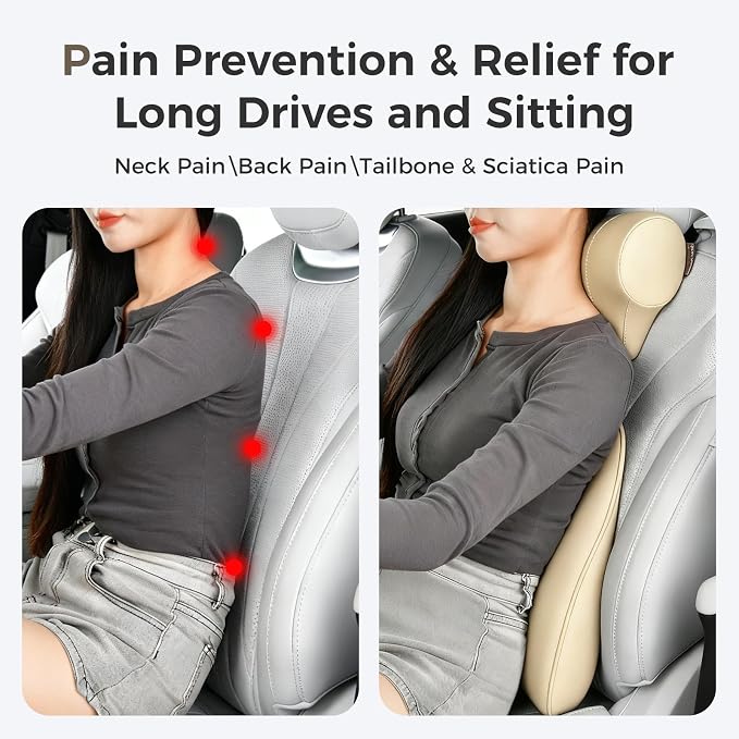 Coverado Car Headrest Pillow, Ergonomic Memory Foam Car Neck Pillow for Driving Seat with Adjustable Strap, Soft PU Leather Breathable Removable Cover Neck Support for Neck Pain Relief - Beige