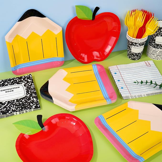 Whaline 120 Pcs Back to School Party Supplies Kit Apple Pencil Notebook Composition Tableware Set Disposable Dinnerware Paper Napkin Plate Cup Fork for 24 Guest First Day of School