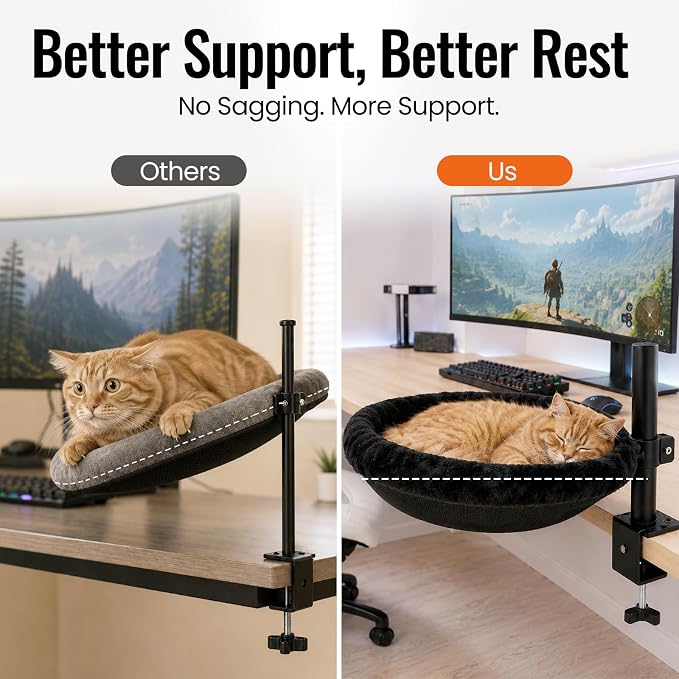 Cat Desk Bed|Foldable Clamp On Hammock for Gaming Desk|Supports Up to 45 lb | Height adjustable, 360° swivel, steel clamp, 45 lb capacity, reversible machine-washable cover; fits desks up to 3.8 in