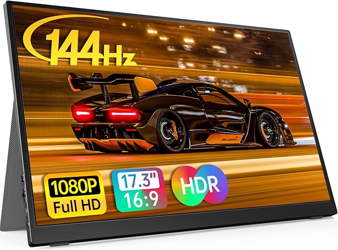 17.3" Portable Monitor, 1080P FHD, 144Hz, IPS HDR Screen, Travel Monitor for PC Mac Phone Xbox PS5 Switch Laptop, Smart Cover & Speakers