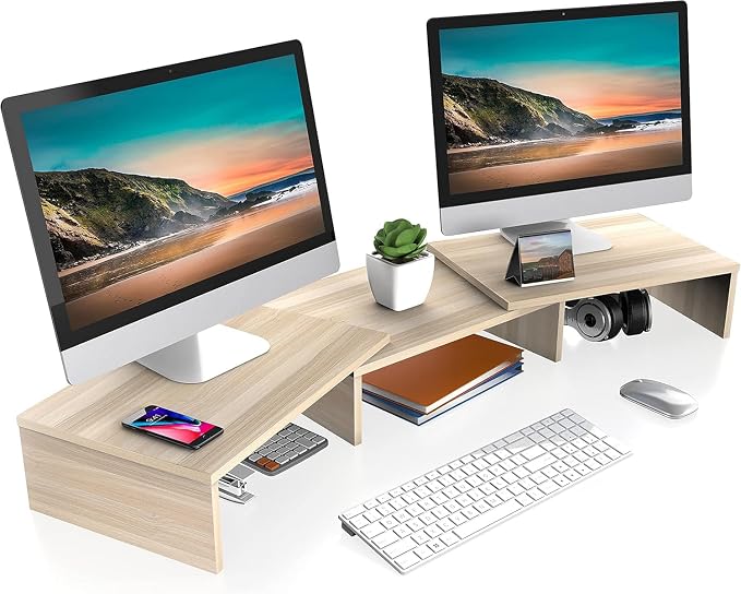 FITUEYES Dual Monitor Stand Riser, Adjustable Length and Angle, Oak | Wooden 3-Shelf Design, Supports up to 55lbs, Flexible for Standard Corner Space, Holds Monitor, Laptop, Phone, Printer