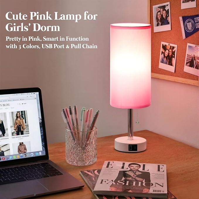 Dicoool Pink Bedside Table Lamp for Bedroom, Small Nightstand Lamp for Girls Kids, 3 Color Temperatures & USB Charging Port, Cute Desk Lamp for Teens Room Decor, Dorm Room Essentials