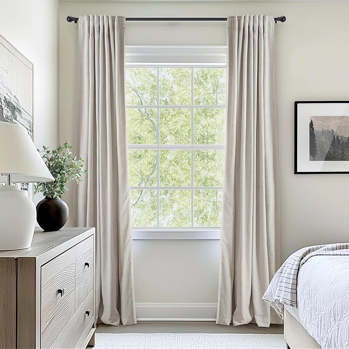 INOVADAY 100% Blackout Curtains for Bedroom, Black Out Curtains 96 Inch Long, Clip Rings Linen Blackout Drapes, Thermal Insulated Room Darkening for Living Room, 2 Panels - Beige,W50xL96