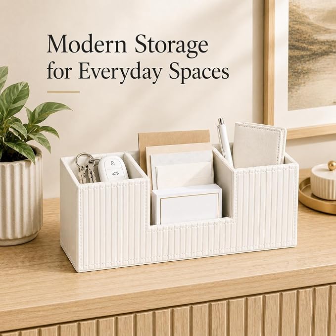 GORESE Pen Organizer for Desk, PU Leather Office Pen Holder, Ivory White | 4-Compartment, Vegan Leather, Office Supplies, Desk Caddy Nightstand Organizer for Pen, Pencil, Remote Control, Business Card