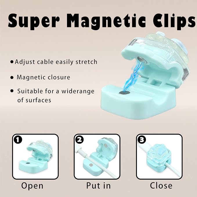 9Pack Magnetic Cable Clips for Nightstand, Adhesive Night-Glowing Cord Holder Organizer for Office Home Desk Wall Car (Blue,Cat)